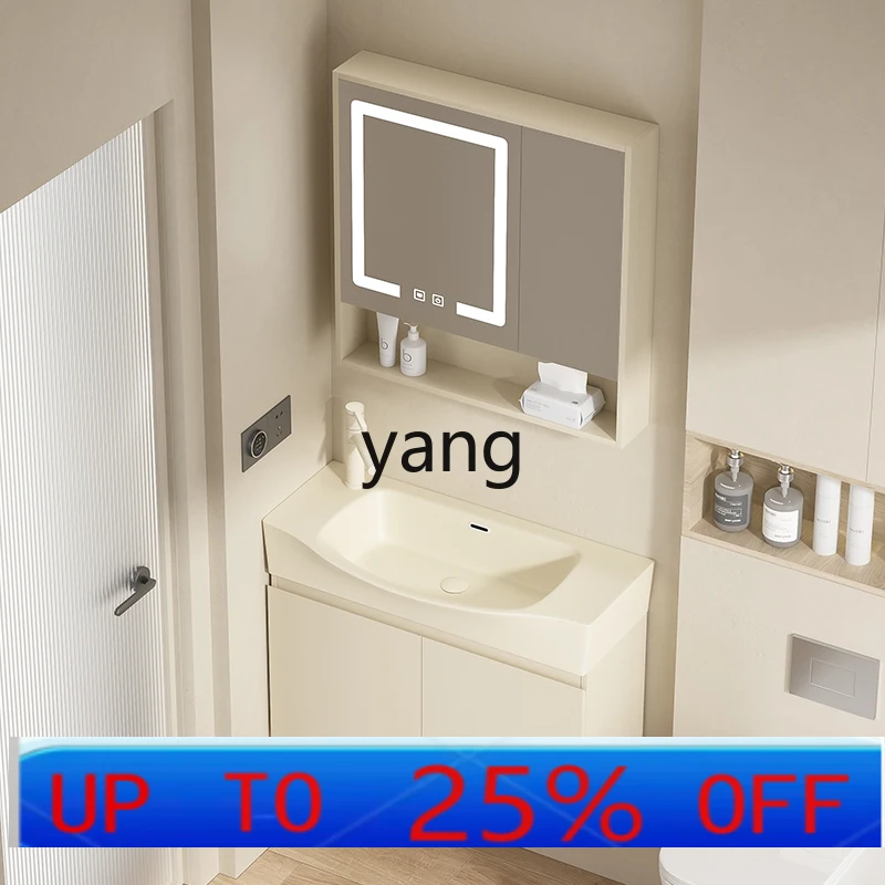 LHH  cream wind solid wood narrow long bathroom cabinet combination wall-mounted ceramic integrated washbasin