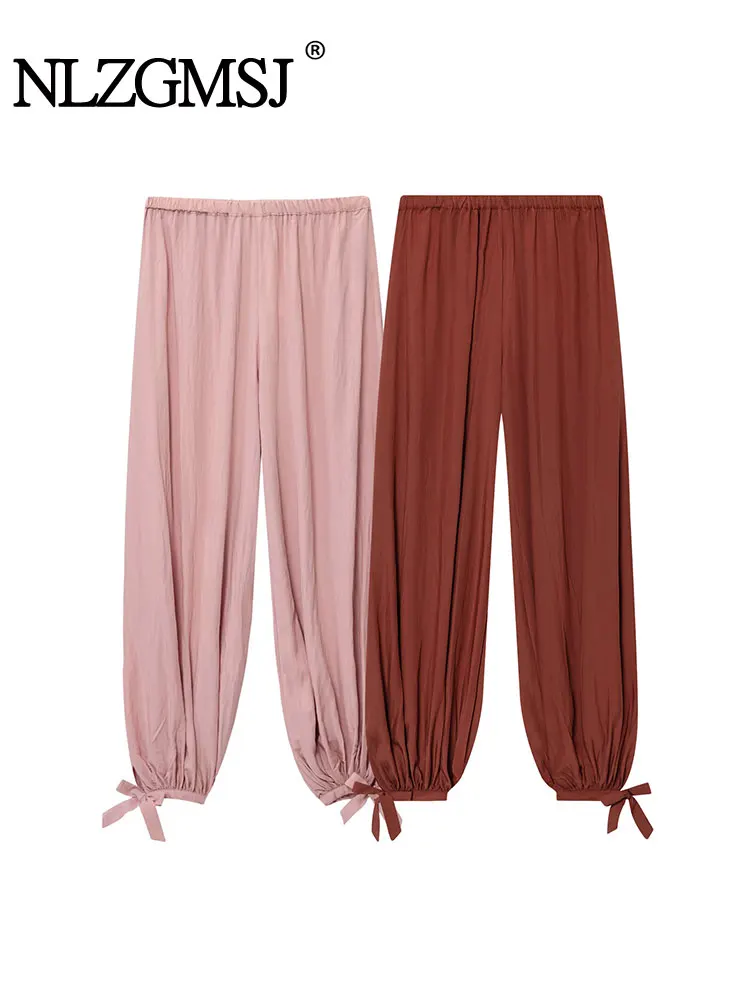NLZGMSJ 2025, einfarbige Damen-Hose mit Schleife, Ballonhose für Damen, hohe Taille, elastische Taille, lockere Freizeithose