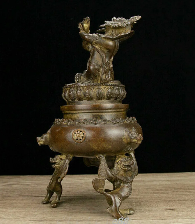 Antique Pure Bronze Vajra Mahakala Wrathful Deity Buddha Incense Burner Censer&