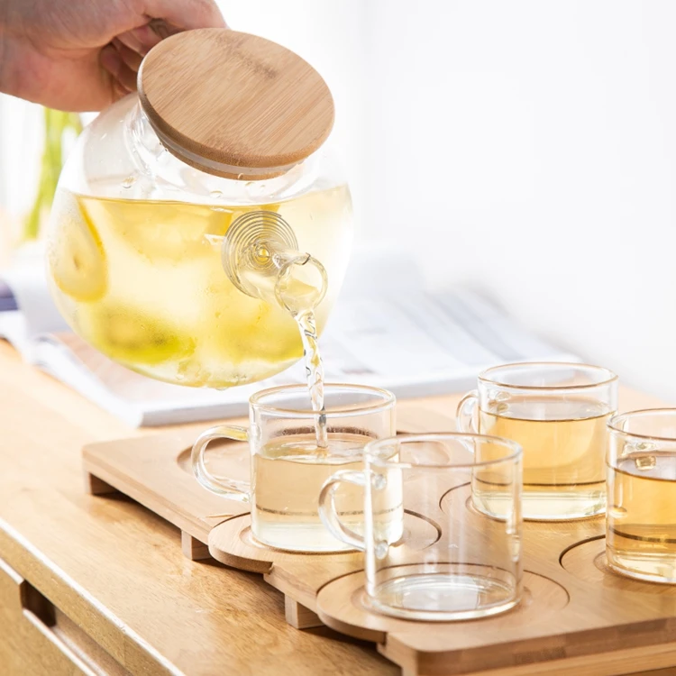 Lanfengye Glass Tea Set with Wooden Tray Customize Logo Acceptable Tea Cup Set  Glass Cup Set