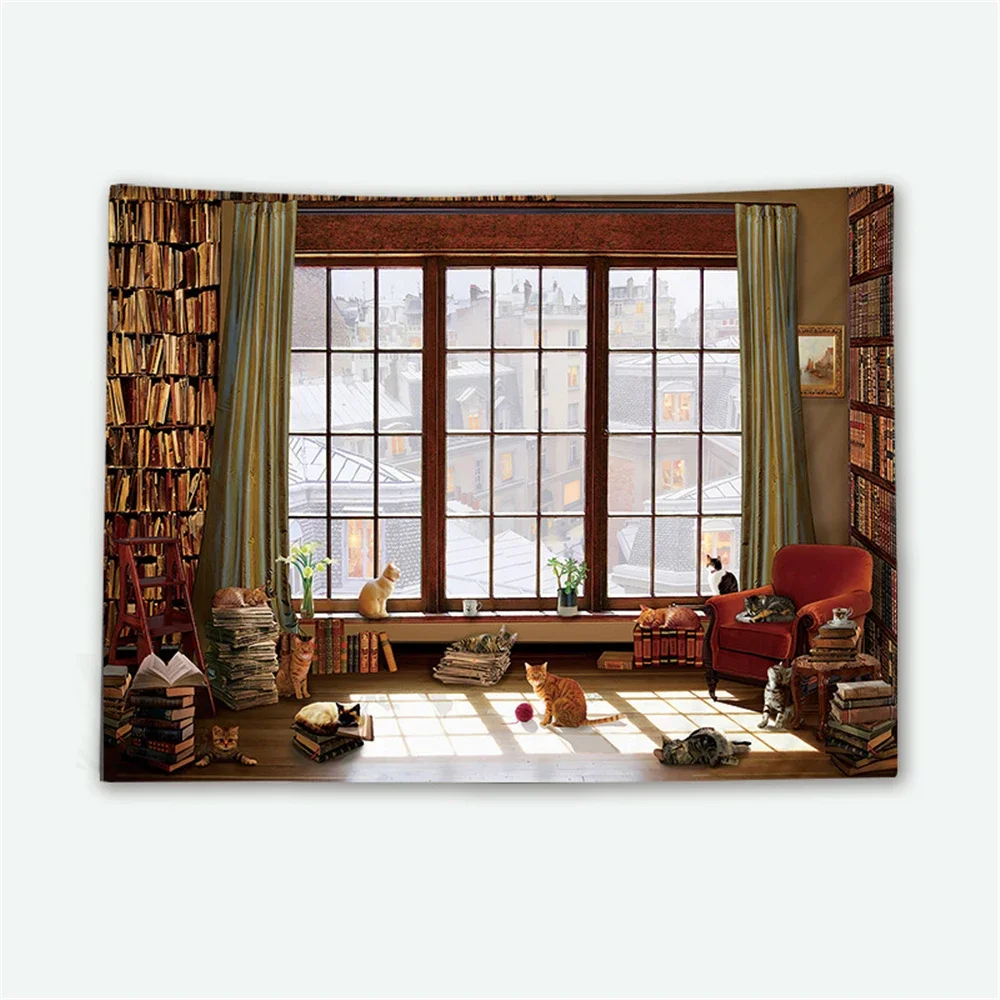 Europe Retro Healing Style Print Window Outside Landscape Tapestry Study Room Bookshelf Background Daily Life Bedside Decor