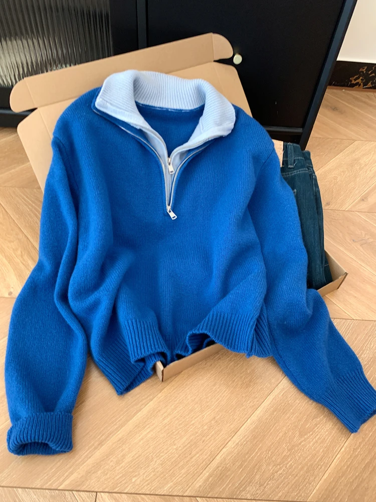 

Woman's Blue Fake Two Collared Pulloverknits Autumn Winter Solid Color Half Neck Sweater Thick All Match Loose Long Sleeve Top