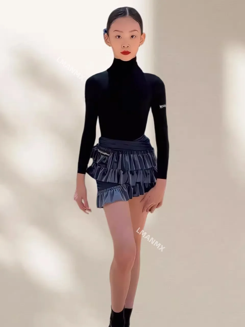 

Winter New Children's Latin Thread High Collar Long Sleeve Top Versatile Princess V Waist Skirt Advanced Practice Clothes Set