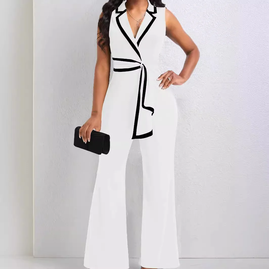 M3219 European and American Cross-border Summer Women\'s New Fashion V Neck Elegant Elegant Sleeveless Jumpsuit Wide Leg Pants