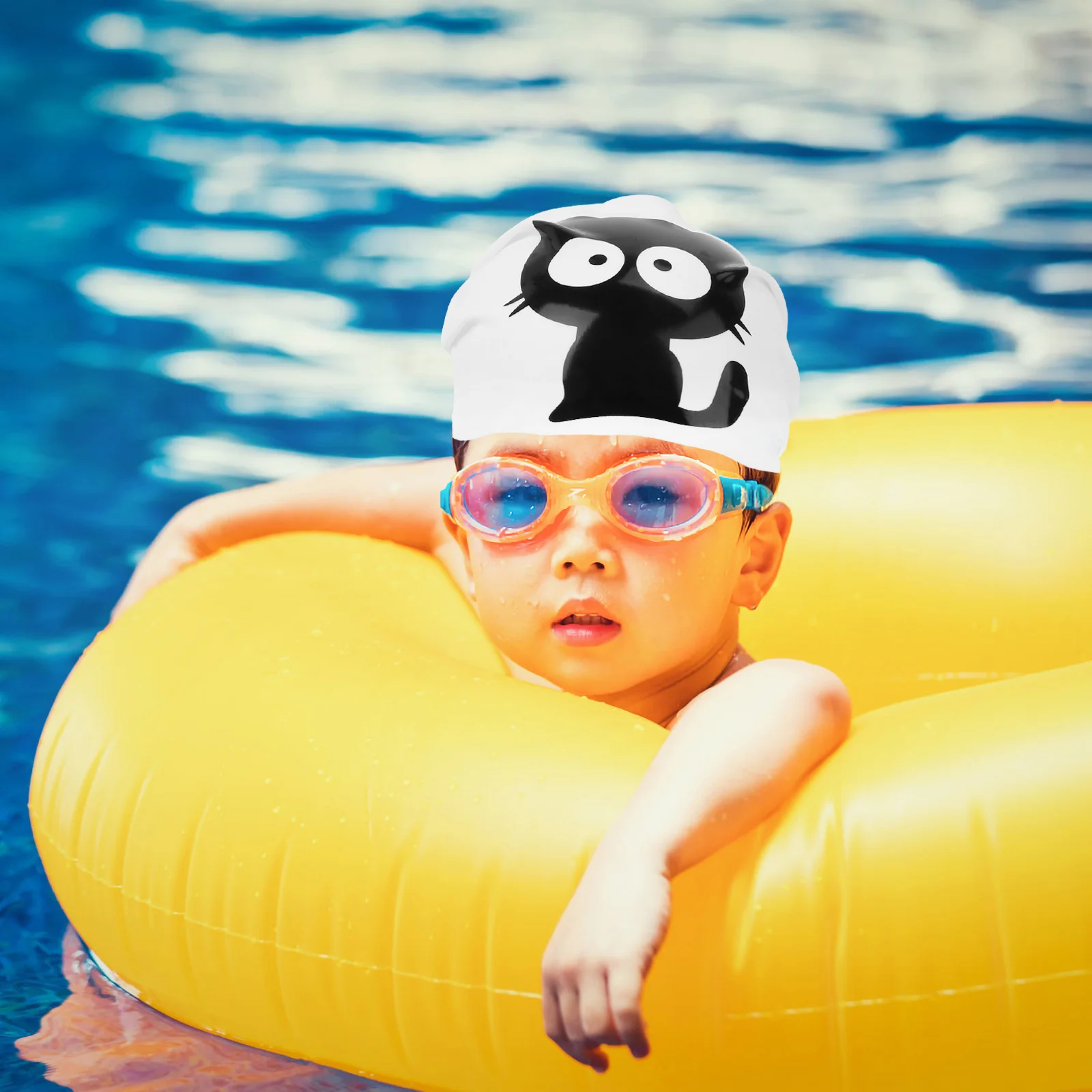 

Children Swimming Cap Silicone Cat Pattern Waterproof Elastic Comfortable Swim Hat Protective Pool Swimming Cap
