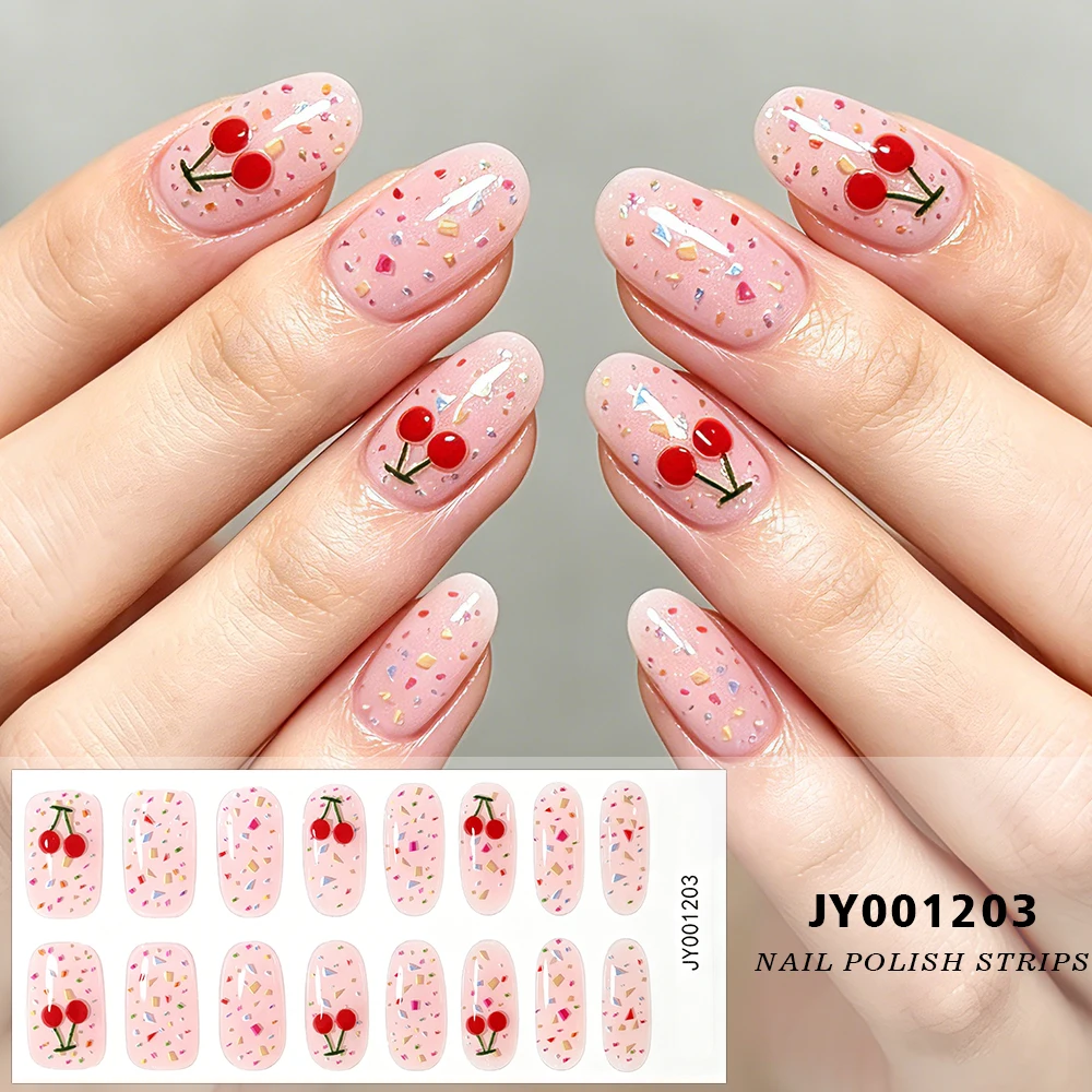16Tips Cute Summer Cherry Nail Sticker Nude Pink Base Colorful Fragment Decoration Nail Decal Long-lasting Sweet Nail Slider