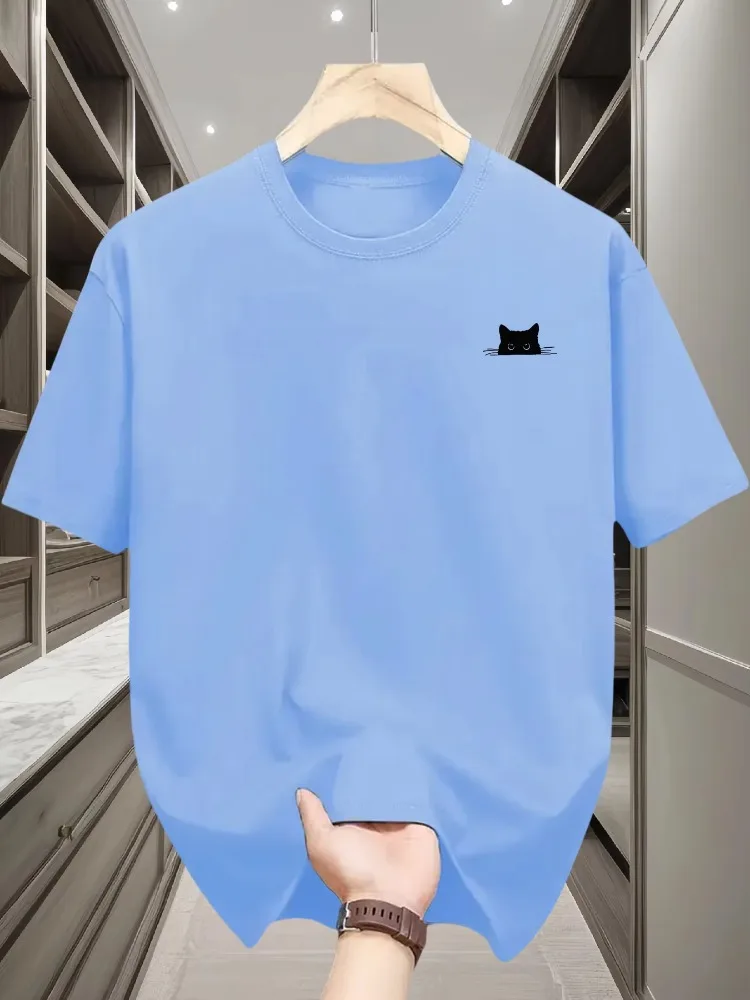 Men's Summer 100% Pure Cotton Casual Loose Cat Element Printed Comfortable Sports Round Neck Short Sleeved T-shirt Top