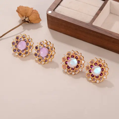 Elegant Gold Plated Moonstone Flower Stud Earrings for Women Vintage Retro Amethyst Multi Gemstone Mandala Palace Jewelry