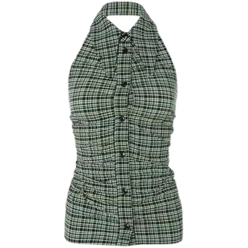 Retro kraag geruite svel hangende ne irt damesknop sexy meisje zonnebrandcrème top ort vest strapl