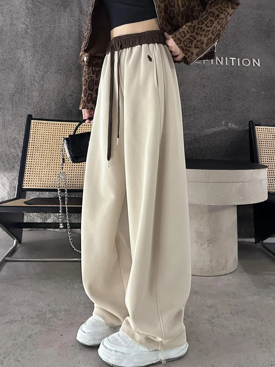 الخريف الشتاء عالية الخصر السراويل النسائية المطرزة الحصان نمط المرقعة الصوف مبطن سميكة Sweatpants غير رسمية