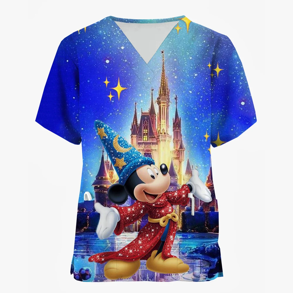 Nurse Uniform Women's Merry Christmas Disney Mickey Mouse Printed Short Sleeve V-neck Matte Work Clothes Medical Shirts Work Top