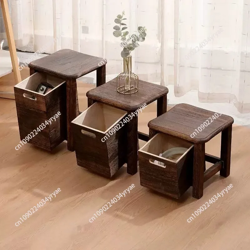 Dark Brown Wooden Shoe Changing Stool with Storage - Armless, Non-Padded, Classic