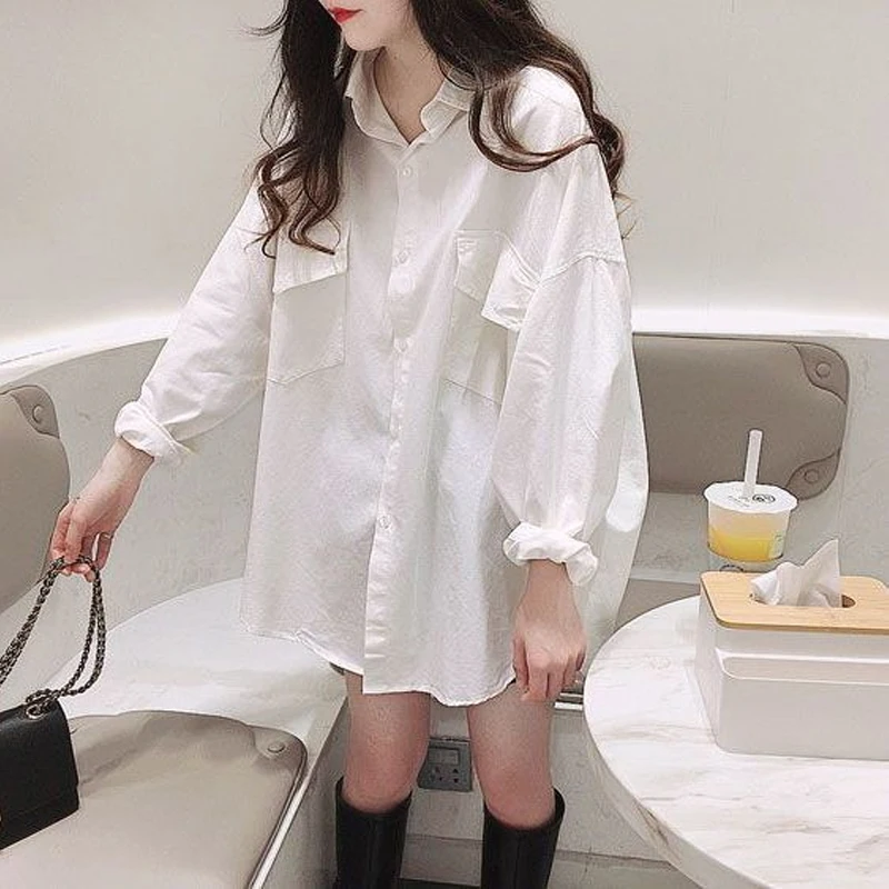 Spring Autumn New Solid Color Fashion Long Sleeve Shirt Women High Street Casual Loose Button Vintage Mid-length Cotton Tops