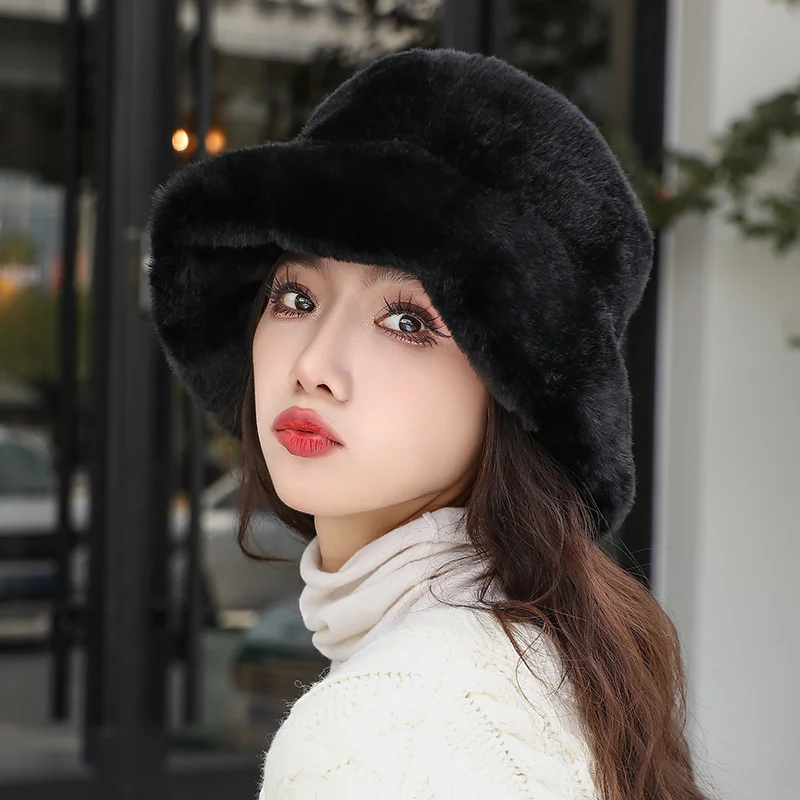 Lady Luxury Fashion Party Fisherman Cap Y2k Fluffy Faux Fur Hat Bucket Women Cap Rabbit Fur Warm Thick Plush WInter Leopard Hat