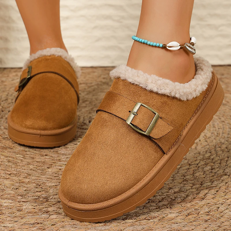 Brown Faux Suede Platform Cotton Slippers Women Winter Warm Plush Lined Slippers Woman Non-slip Thick Sole Indoor House Shoes