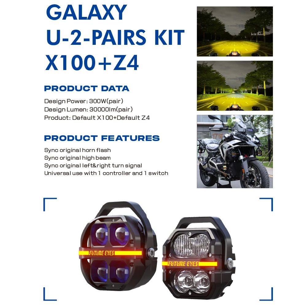 Future Eyes Galaxy 2 Pairs Kit X100 Z4, 300w Motorcycle Fog Lights Kit, LED Motorcycle Auxiliary Driving Lights for Night Riding