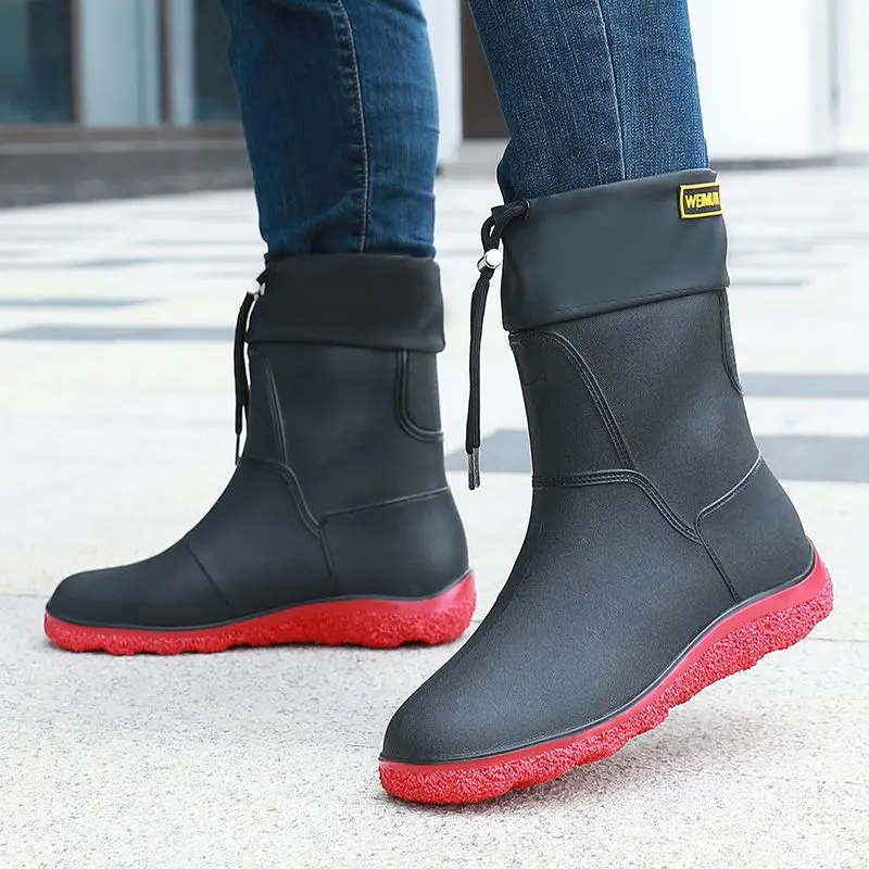 

Chef Kitchen Mid-calf Waterproof Drawstring Rain Boots for Men Teenagers Outdoor Wide Toes Fashion High Quality 2025 Man Shoes