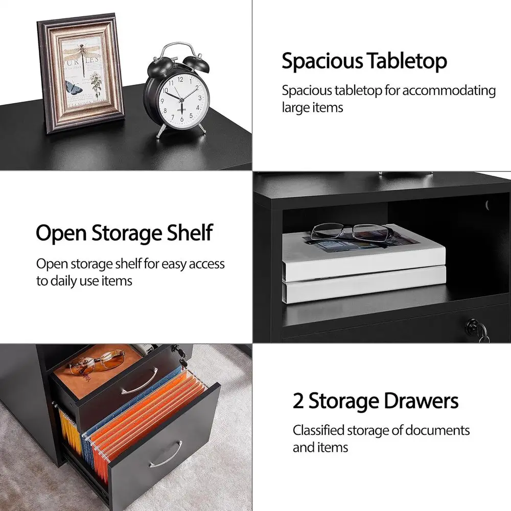 2-Der ile Cabinet with Lock, Under Desk Storage, Black | Lockable der holds hanging iles; a small der and open shel it under a d - view 5