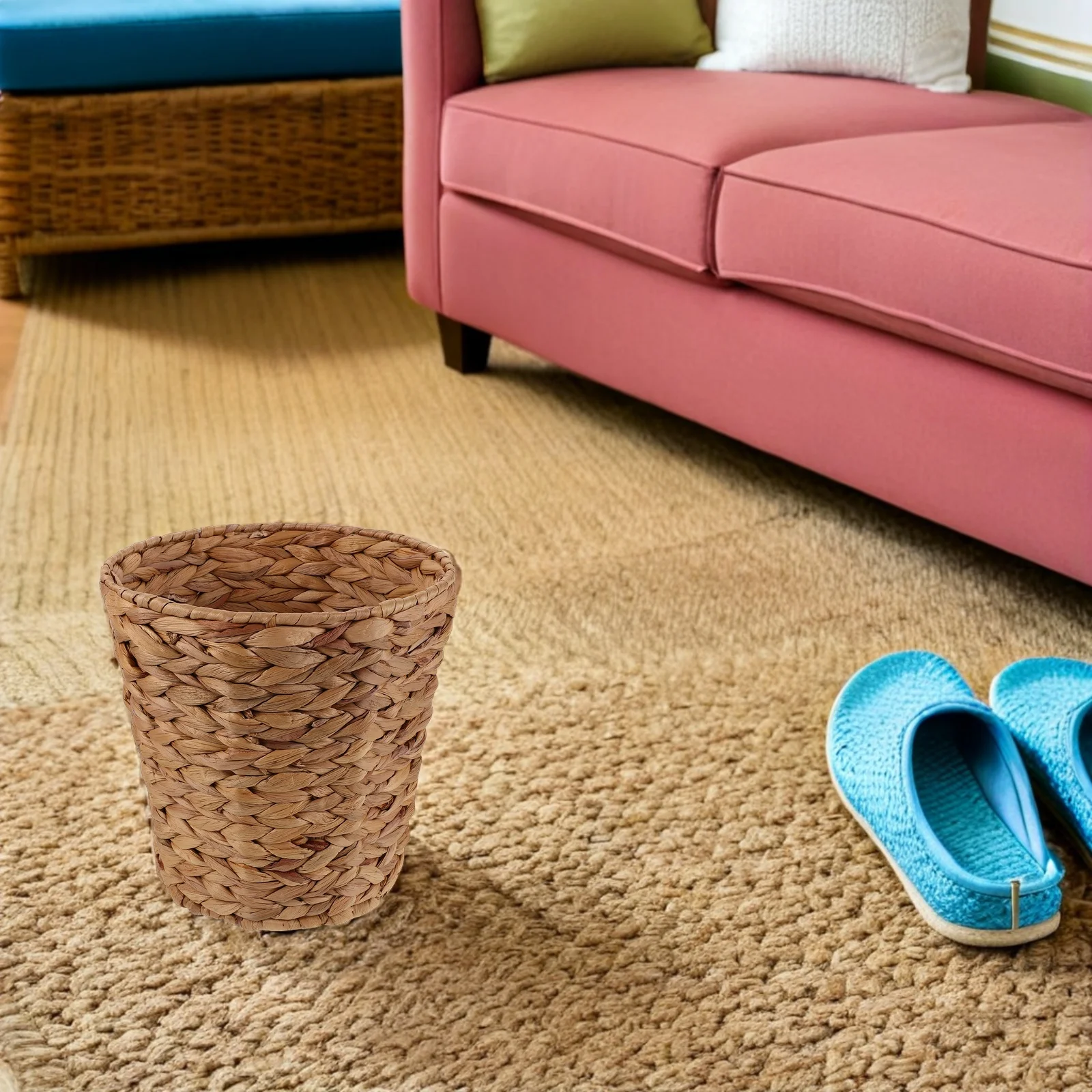 

Round Wicker Waste Basket Handwoven Seagrass Trash Can For Bedroom Office Home Light Brown Countertop Garbage Bin Rattan Storage