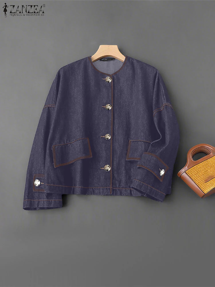 

ZANZEA Autumn Denim Jackets Women Elegant Office Outwears Casual Long Sleeve O Neck Tunic 2025 Solid Color Fashion Cardigan