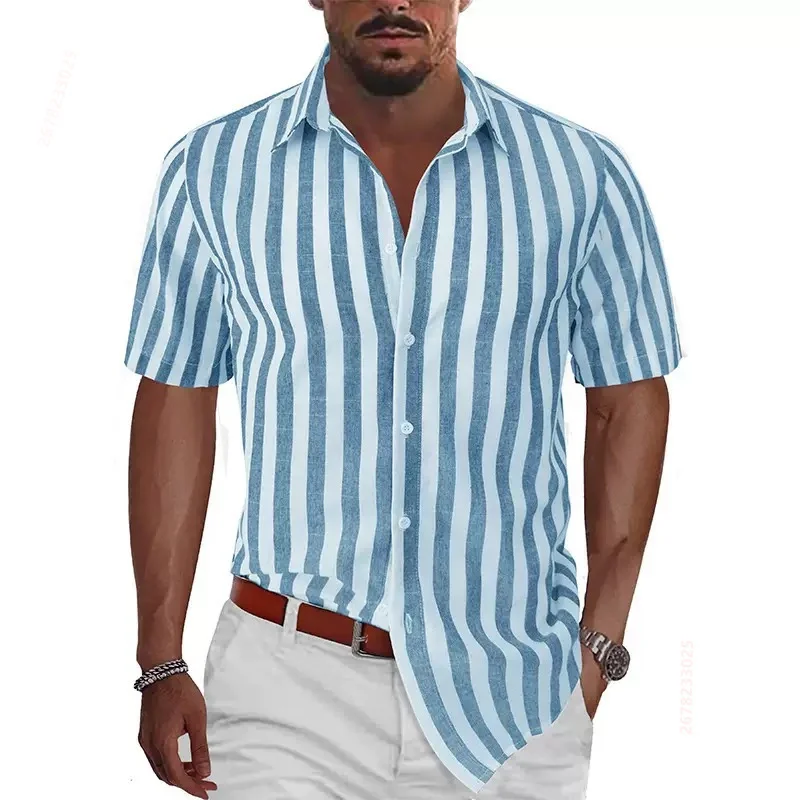

Новая мужская полосатая рубашка с коротким рукавом на лето 2026 года, доступна в различных цветах, повседневная уличная модная мужская верхняя одежда, размеры XS-6XL