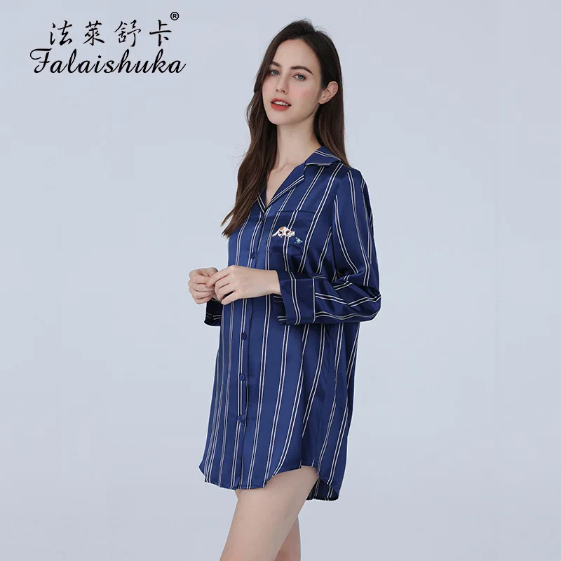 19 momme 100% silk nightgowns for womens Summer sexy Blue Striped sleepshirts elegant ladies nightshirts sleepwear S5717