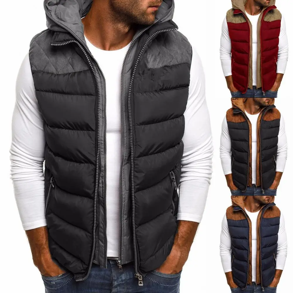 

For Men Men Padded Vest Soft Cardigan Down Waistcoat Fake Two Pieces Contrast Color Hooded Men's Winter Jackets Vests