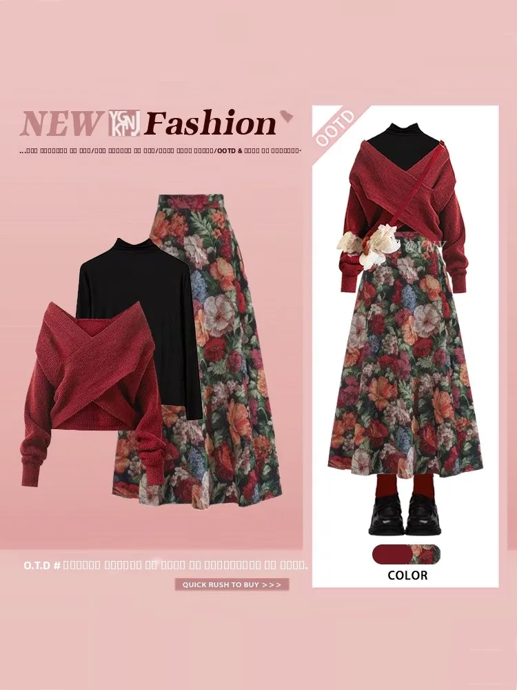 

Ретро-комплект в гонконгском стиле: красный вязаный свитер и юбка с цветочным принтом на высокой талии, женский весенний легкий наряд в стиле Maturi