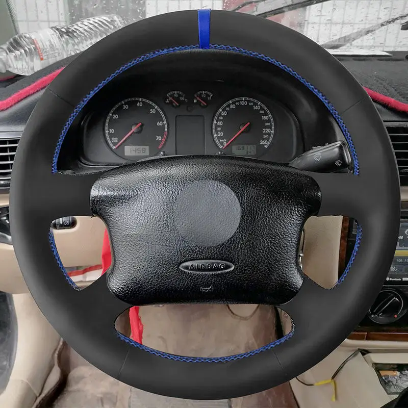 For VW Golf 4 MK4 1998-2004 Passat B5 1996-2005 Hand Stitched Car Interior Steering Wheel Cover Leather Trim blue line Blue bar