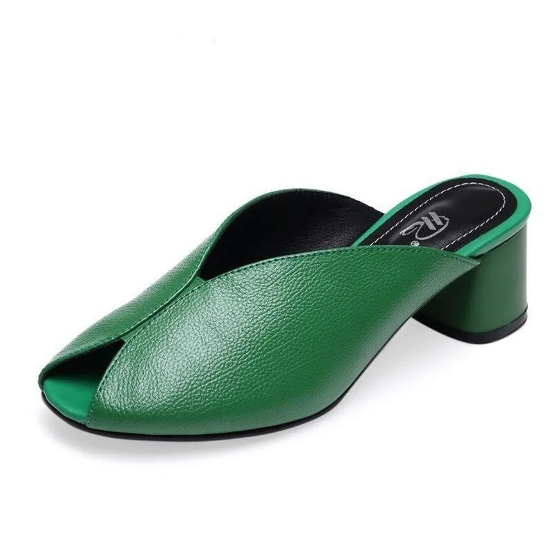 New 2022 Green Slip-on Slippers High Heeled Womens Mules Pumps Peep Toe Square Heel Autumn Casual Sandals Slipper Lady