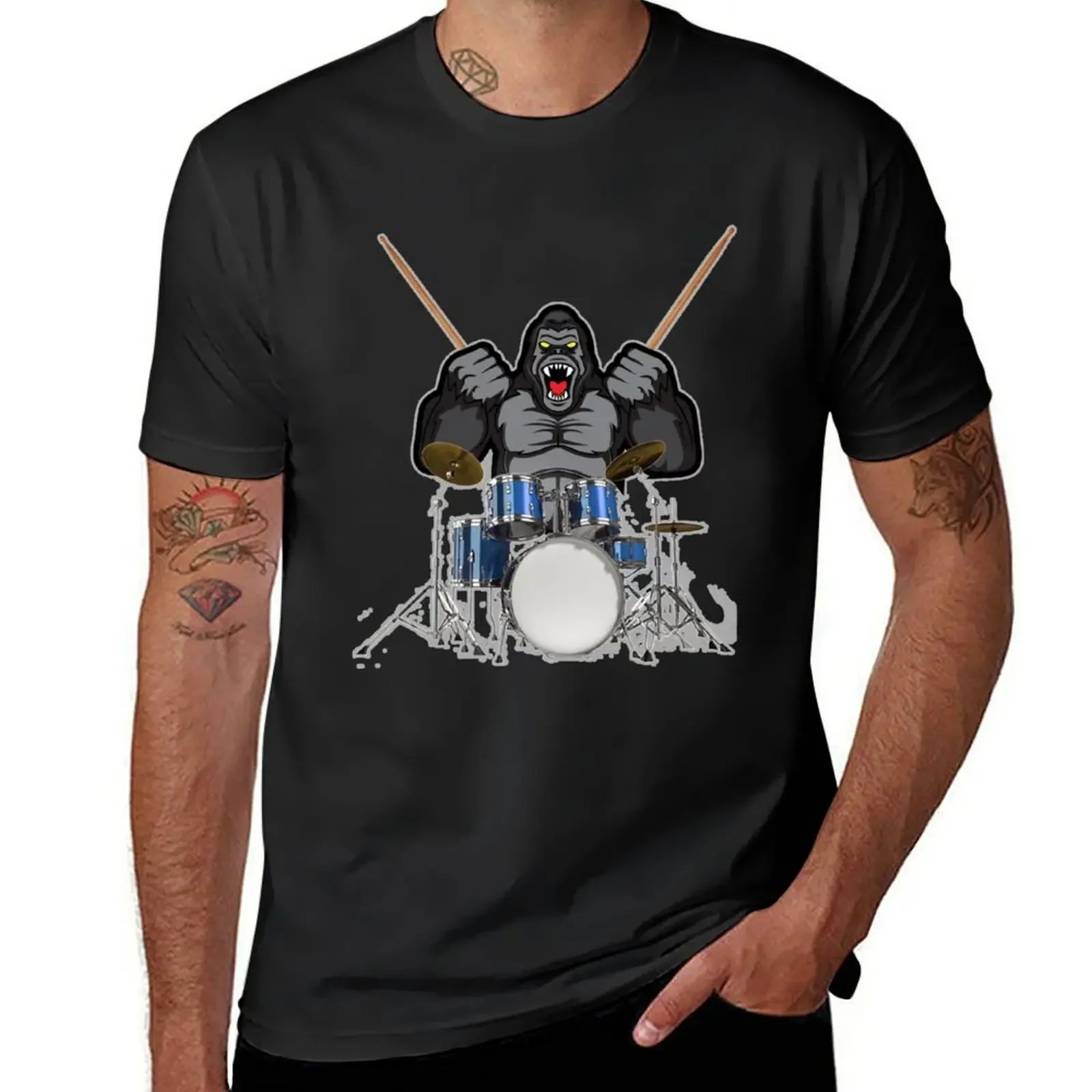 GORILLA PLAYING WITH THE DRUMS T-Shirt anime stuff boys animal print Men's clothing