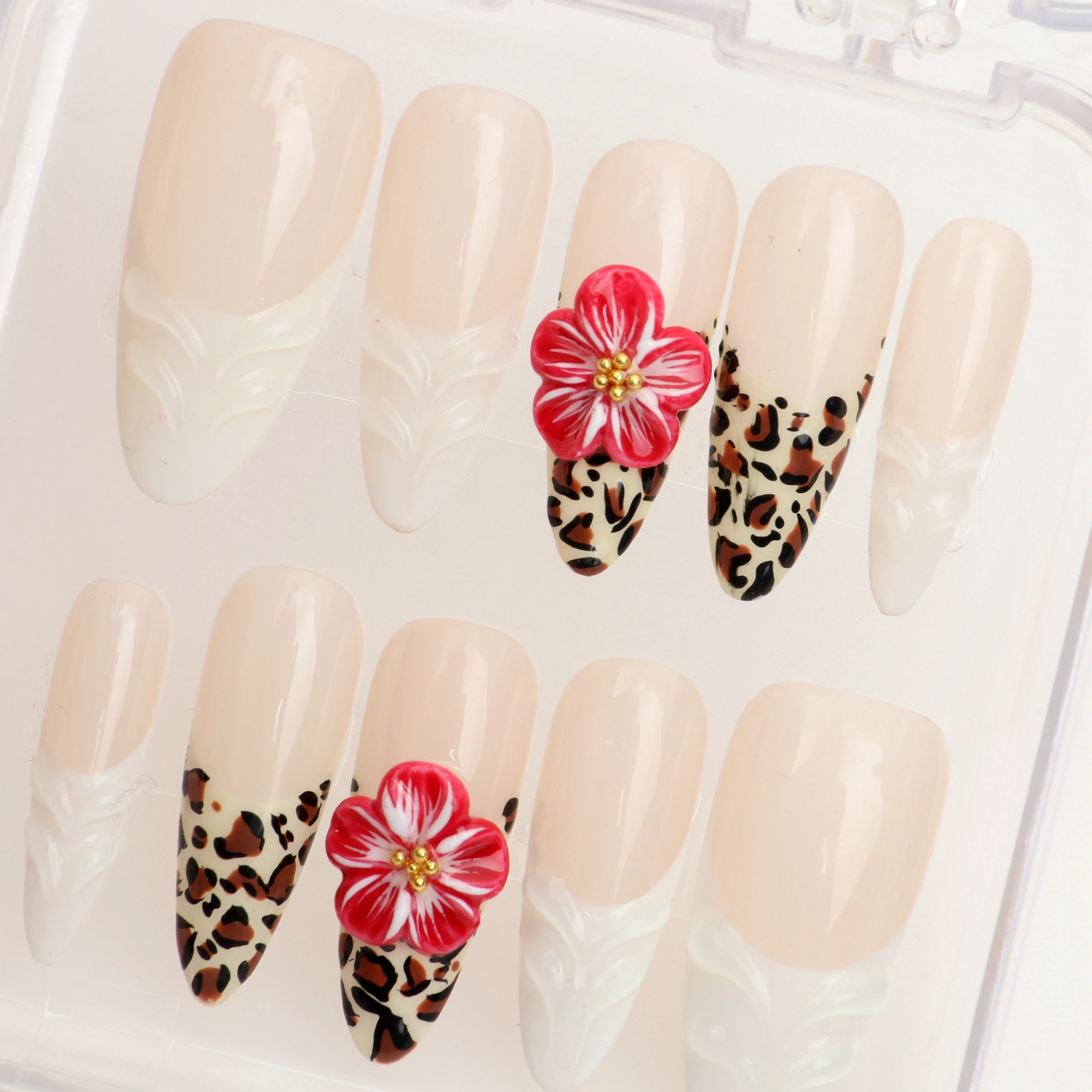 10Pcs Handmade Manicure Long Almond Fake Nails Unique 3D Leopard print Flowers Press On Nails Design with Adhesive Nail File Set