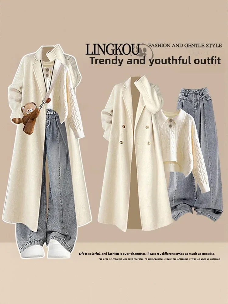 

Autumn Winter Korean Atmosphere Knitted Sweater And Jeans Slimming Effect Three Piece Set for Women Casual Style Long Sleeve