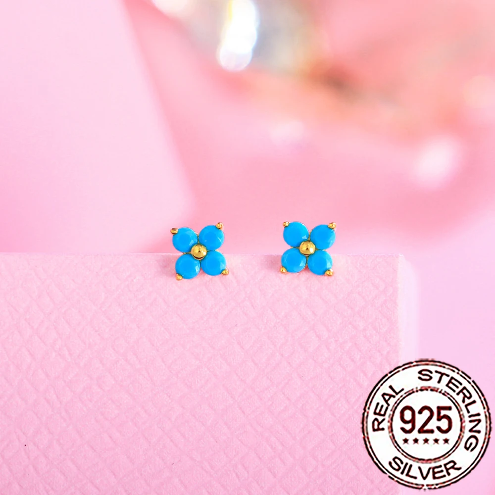 CWWZircons Mini-Piercing-Ohrringe aus 925er-Sterlingsilber, niedliche Blatt-Blume, blau, türkis, für Damen, Hochzeit, Party, edler Schmuck SE075 – Detail 12