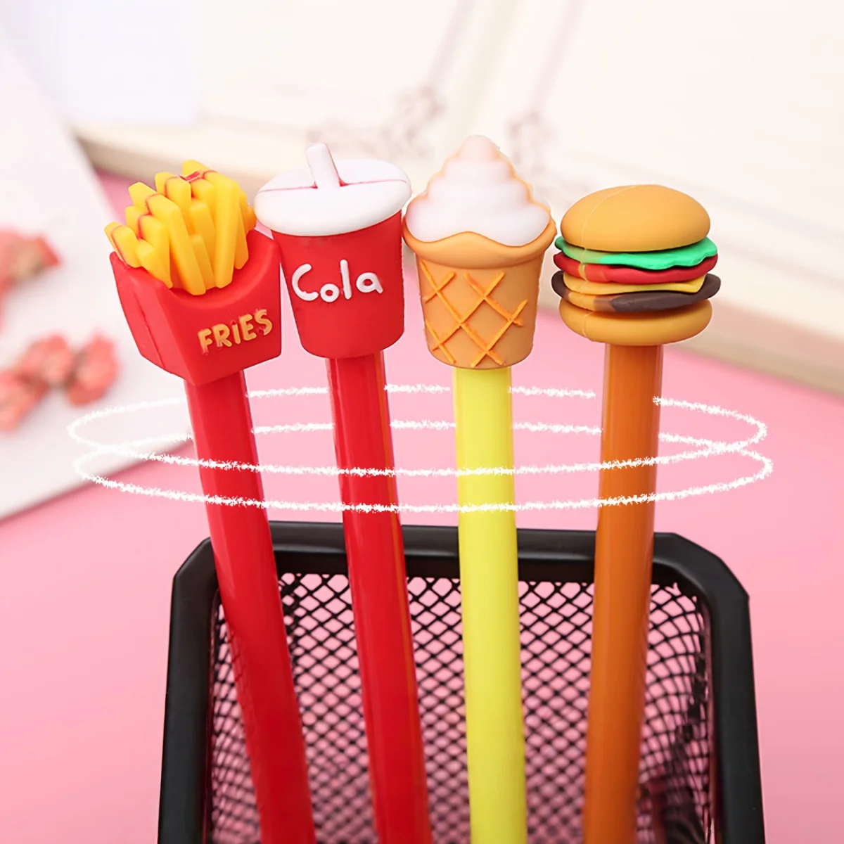 

4pcs Fries, Cola, Ice Cream, Hamburger Round Ballpoint Pens, Creative Student Stationery, Water-based Pens, Office Supplies