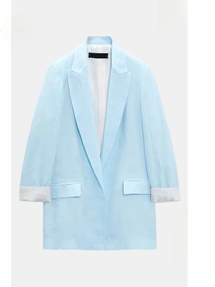 

Элегантный пиджак из чистого льняного смесового материала с длинными рукавами, манжетами и отложным воротником для женщин: повседневный, деловой, для свадьбы