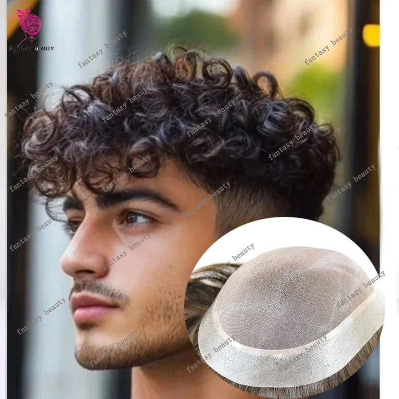 الرجال 20 مللي متر/28 مللي متر تصفيفة الشعر الطبيعي مجعد ريمي باروكة من شعر طبيعي دائم غرامة أحادية الدانتيل أمامي بولي PU غير مكتشف شعري طبيعي