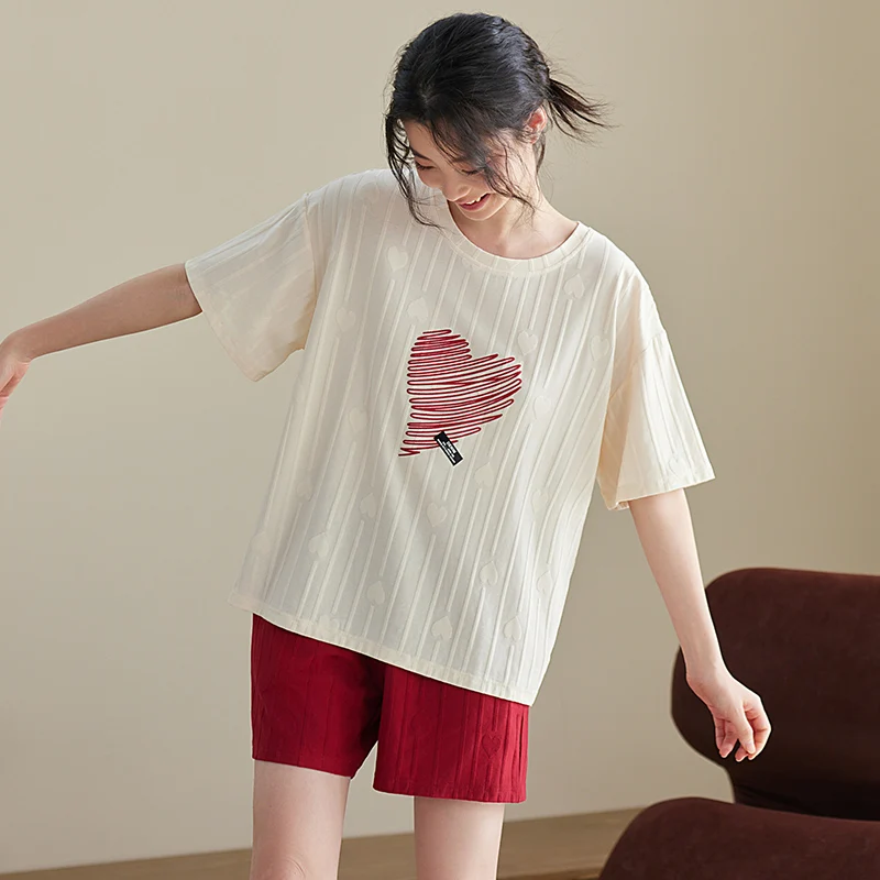 Casual Jacquard Weave Women Simple Pajamas Set Cotton Summer Short Sleeve Shirts+Pants Sleepwear Nightwear Woman Pajama Homewear