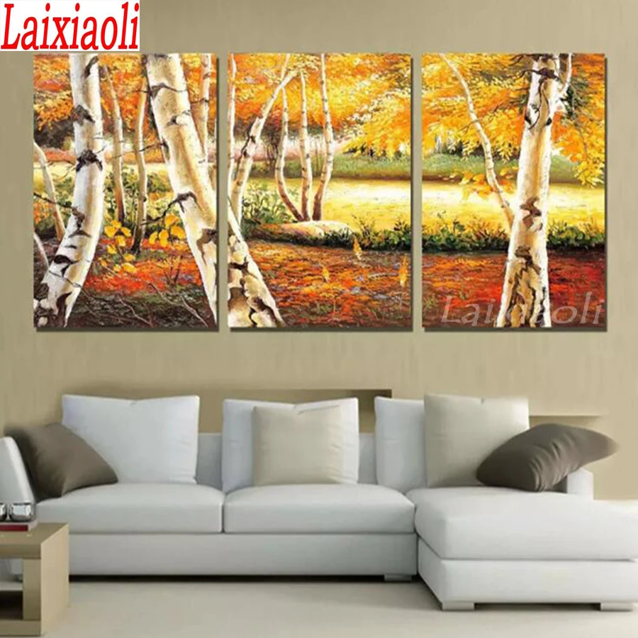 5d diy full square drill diamond embroidery vintage forest tree yellow 3 pcs set diamond painting cross stitch rhinestines decor