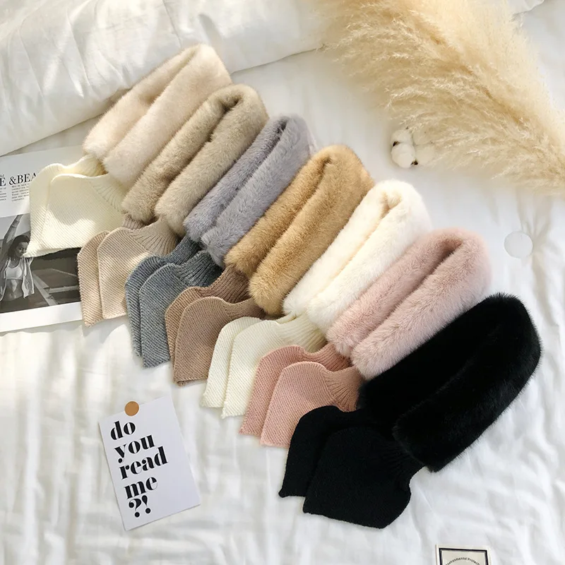 Korean Solid Faux Rabbit Fur False Collar Cross Plush Scarf Woman Winter Outdoor Wool Knit Thicken Neck Protect Warm Scarve  O77