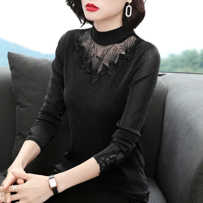 

Women Spring and Autumn New Spliced Pullovers Half High Collar Lace Print Fashion Solid Color Versatile Casual Long Sleeve Top