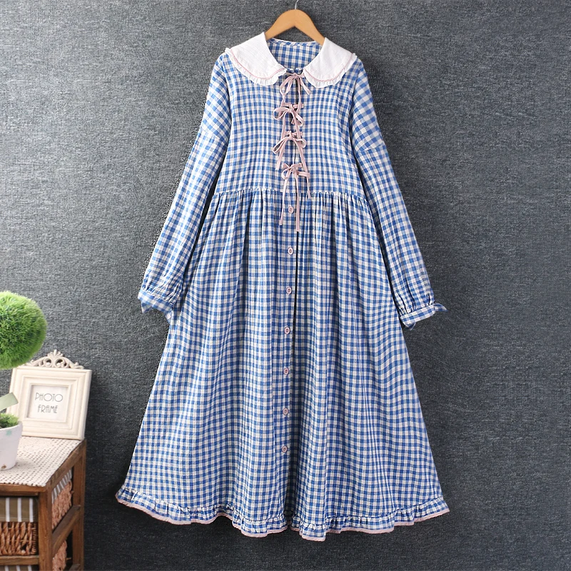 

Japanese Sweet Mori Girl Vintage Plaid Lace Up Cotton Dress Women Spring Autumn Peter Pan Collar Long Sleeve Loose Midi Dress