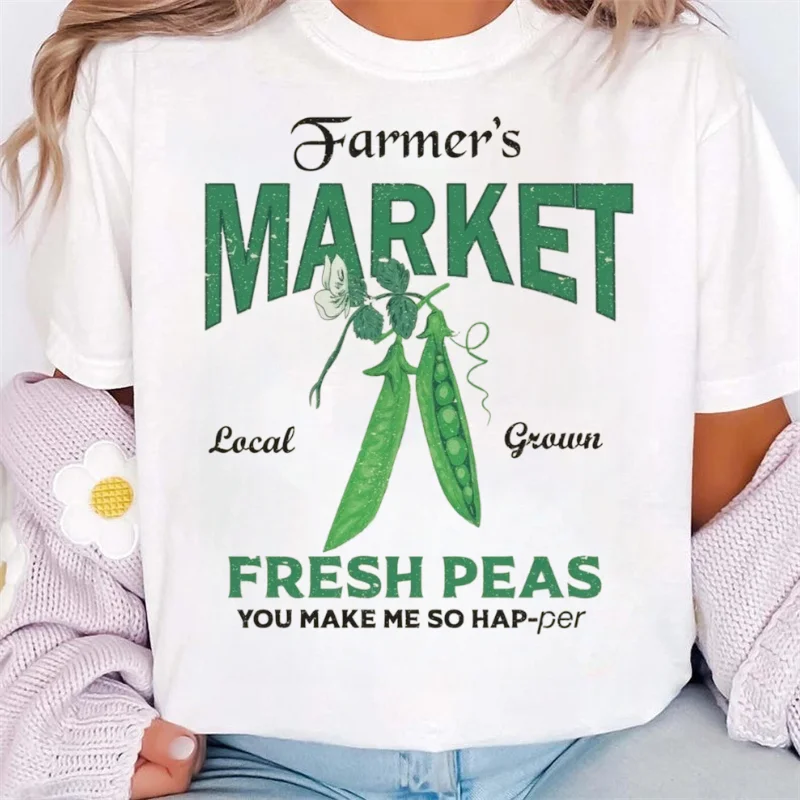 Farmer's Market Fresh Pea Pattern Printed T-Shirt Casual O-Neck Vacation Travel Summer Basic Cute Women's Top Popular T-Shirt
