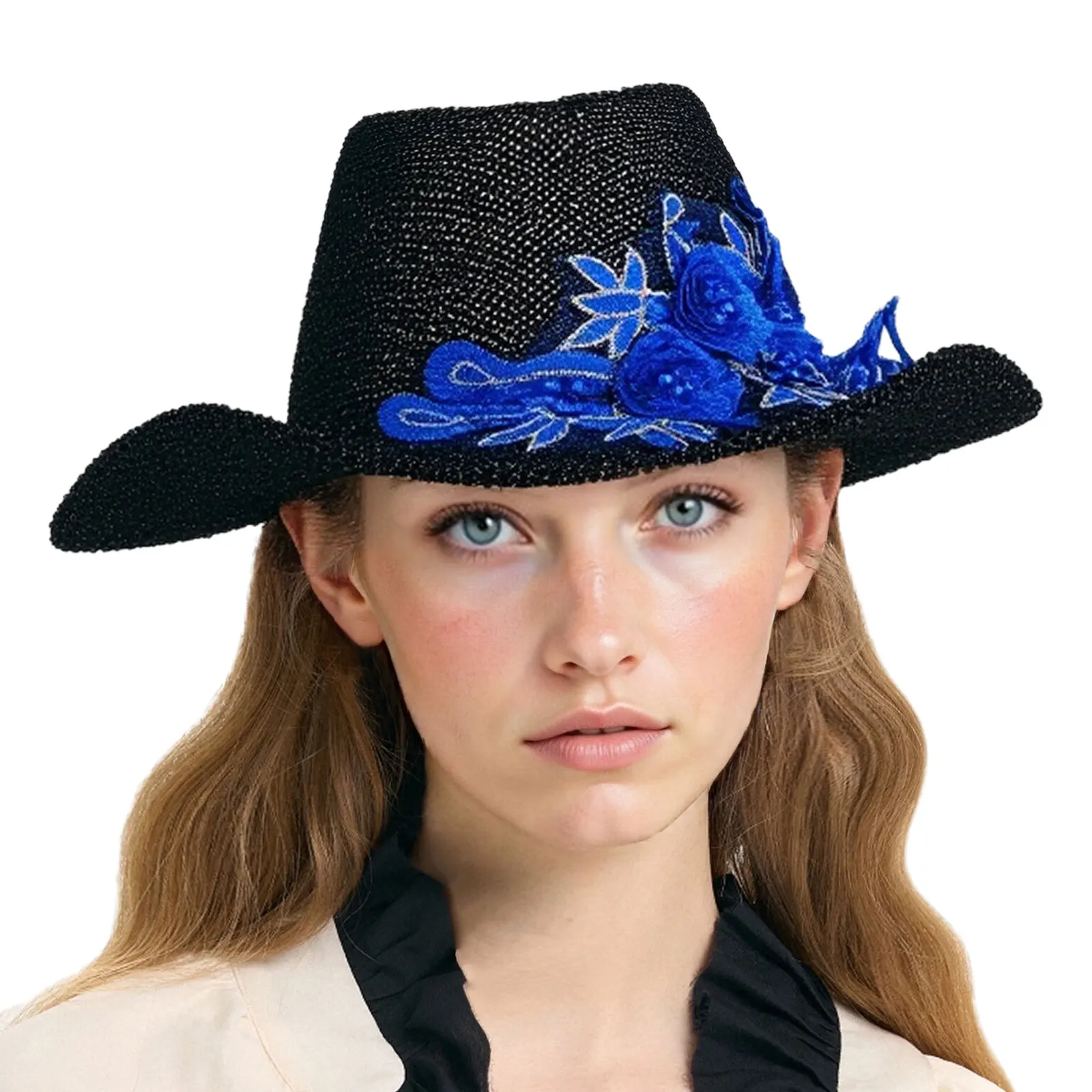 Accessori per cappelli Cappello da cowgirl con fiore 3D ricamato retrò Cappello da cowboy jazz Cappello Fedora Cappello di paglia per uomo Donna Carnevale Halloween