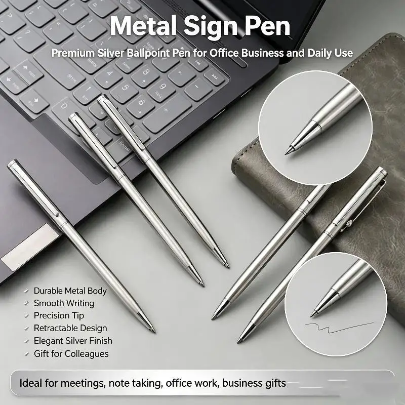 New Elegant Silver Stainless Steel Ballpoint Pens Medium Nib Twist-Top Smooth Writing Durable Office Pens Set for Business