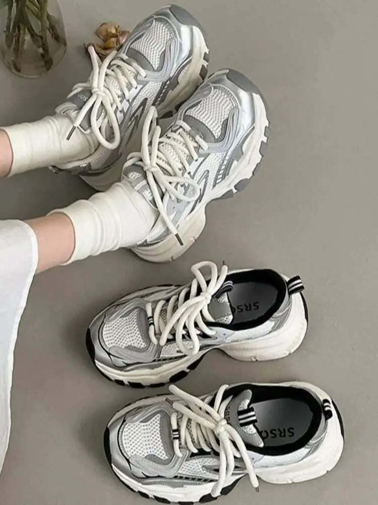 Women Sports Shoes 2025 New Summer Women's Casual Sneakers Thick Soled Slimming Lightweight Mesh Height Increasing Shoes