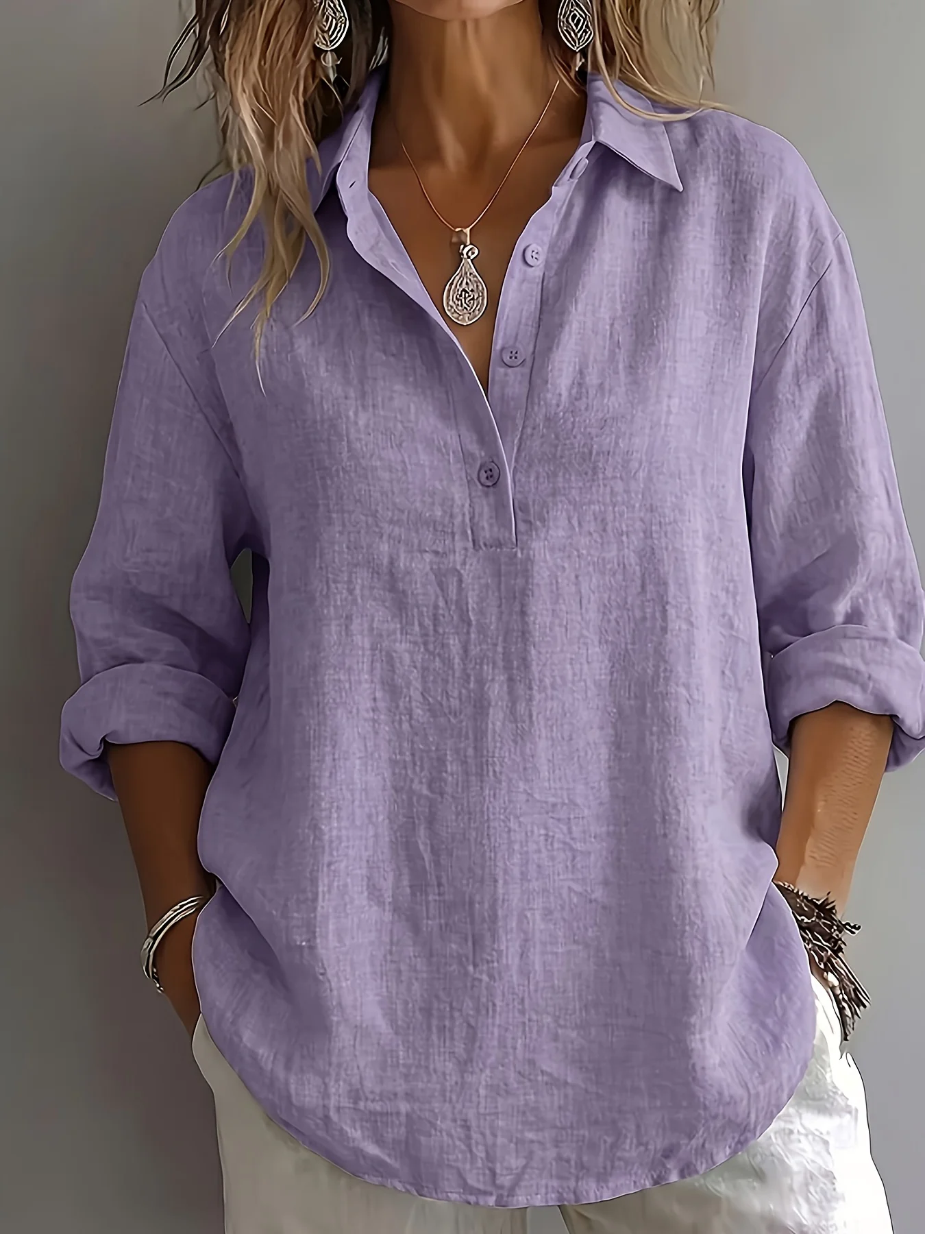 

Women's Solid Color Long Sleeve Shirt Lapel Half Button Loose Casual Top Elegant Office Wear For Spring Autumn