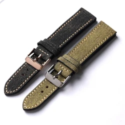 Handmade Old Canvas Strap Vintage Style Men Watch Bracelet 18 19 20 21 22MM Black Green Sticker Cowhide Leather Bracelet