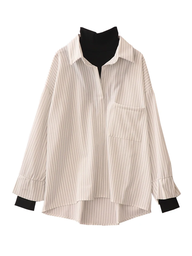 Camisa de gola alta coreana Vintage manga comprida feminina, camisas com dinheiro antigo, top estético, novo, outono, inverno, 2 peças falsas, estética dos anos 2000