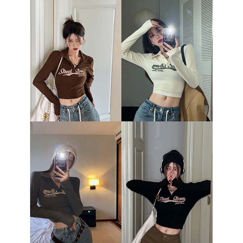 Boweylun-女性のタイトな長袖ポロシャツ、春のシャツ、内側の短いモデル、へそ-gazing、スリムなTシャツ、アメリカ、女の子のためのレトロなトップス